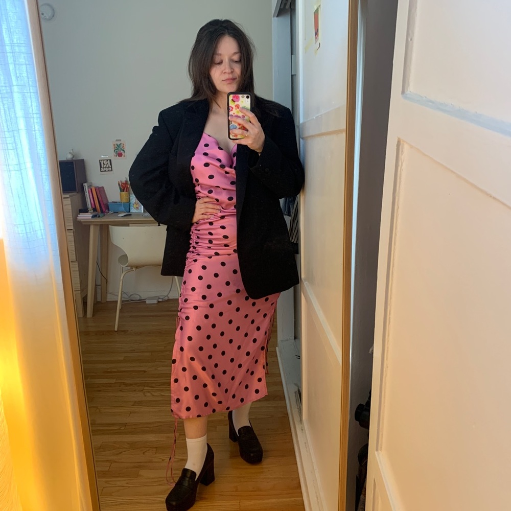 o.p.t pink polka dot midi dress